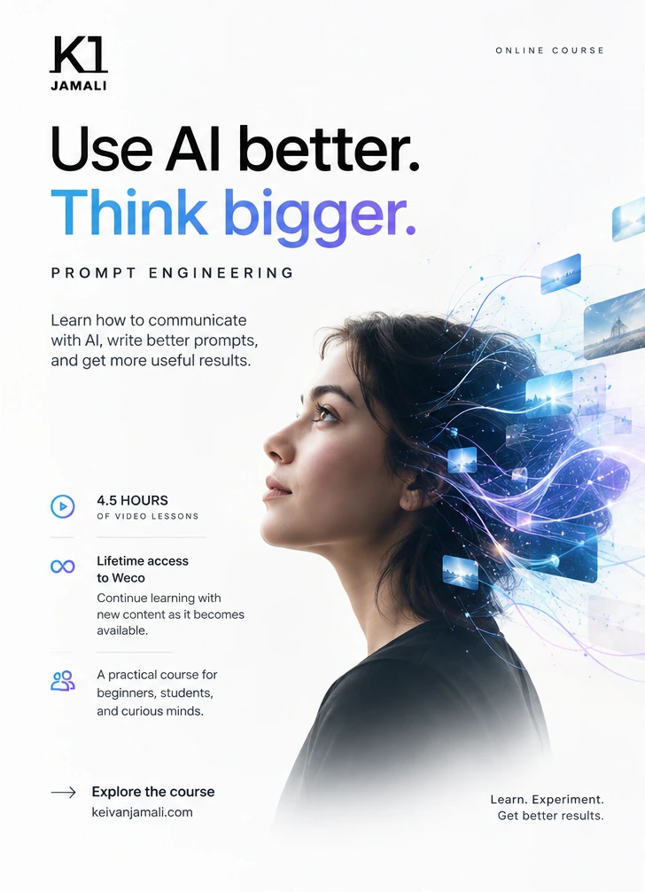 Prompt Engineering online course poster: Use AI better. Think bigger. 4.5 hours of video lessons, lifetime access to Weco, a practical course for beginners, students and curious minds.